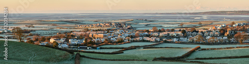 Panorama of Flookburgh, Cark and Ravenstown, with Morecambe Bay in the distance, on a frosty winters morning.