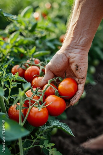 A gardener carefully selects ripe red tomatoes by hand