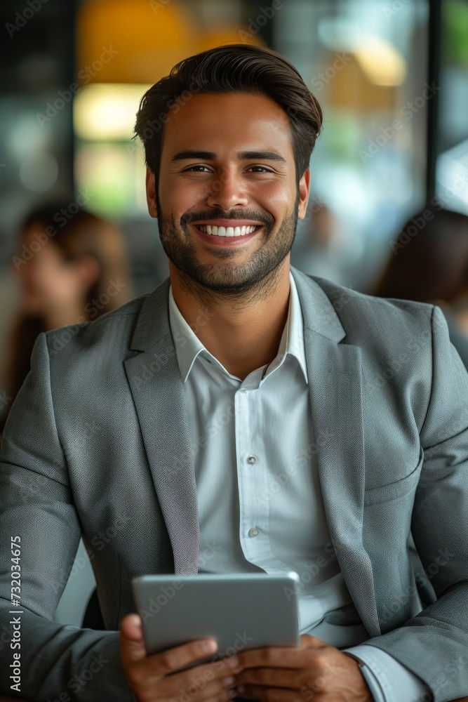 A cheerful young Latin business executive holding a tablet in the office A cheerful young Latin business executive holding a tablet in the office