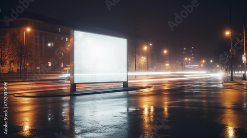 Vacant billboard against the backdrop of a rain-soaked street at night.