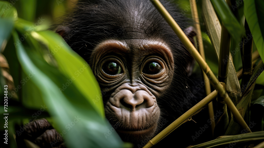 Curious bonobo gazes amidst lush foliage, exuding intelligence and contemplation. Its attentive stare reflects the endangered species' connection with its natural habitat, conveying a message of envir