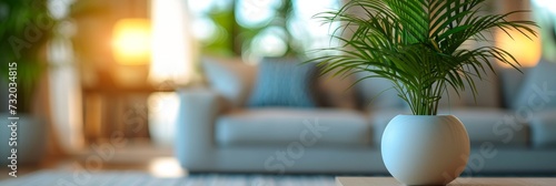 A comfortable living room with a potted plant in the foreground and a blurred...