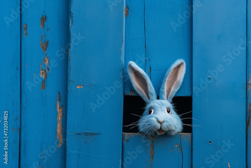 Easter bunny peeps out of the blue wall