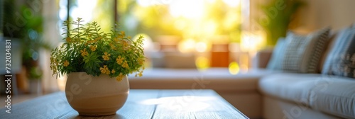 A comfortable living room with a potted plant in the foreground and a blurred...