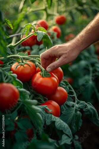 A gardener carefully selects ripe red tomatoes by hand
