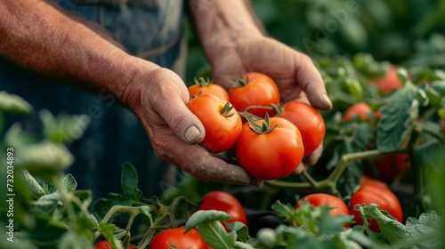 A gardener carefully selects ripe red tomatoes by hand