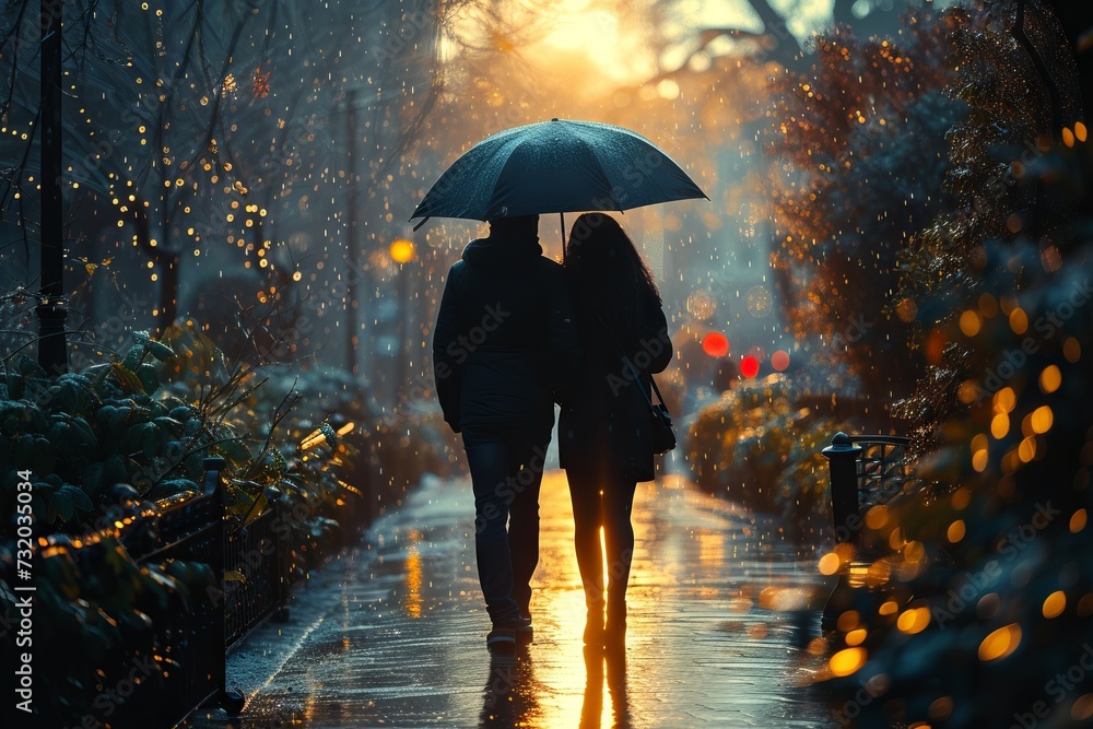 Silhouettes of a couple in love standing face to face under an umbrella against the backdrop of flickering lights and rain Concept: comfort in a relationship, dates between lovers