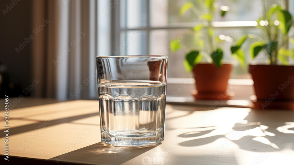 Crystal clear glass of water in kitchen on a sleek tray, bathed in natural light, symbolising purity and healthy drinking. Crystal clear glass of water in kitchen on a sleek tray, bathed in natural light, symbolising purity and healthy drinking.