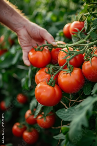 A gardener carefully selects ripe red tomatoes by hand