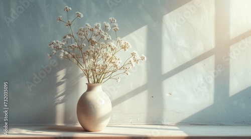 a vase filled with flowers on a shelf on a sunny day
