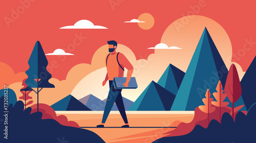 Solo Hiker Walking in a Mountainous Landscape at Sunset