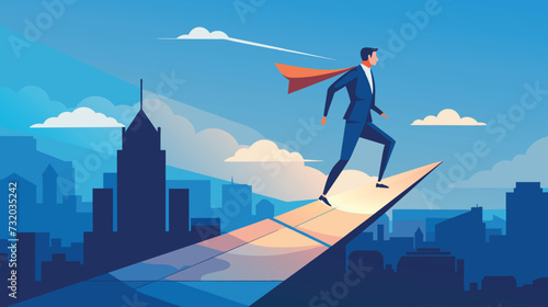 Businessman Launching on Paper Airplane Over Cityscape at Dusk