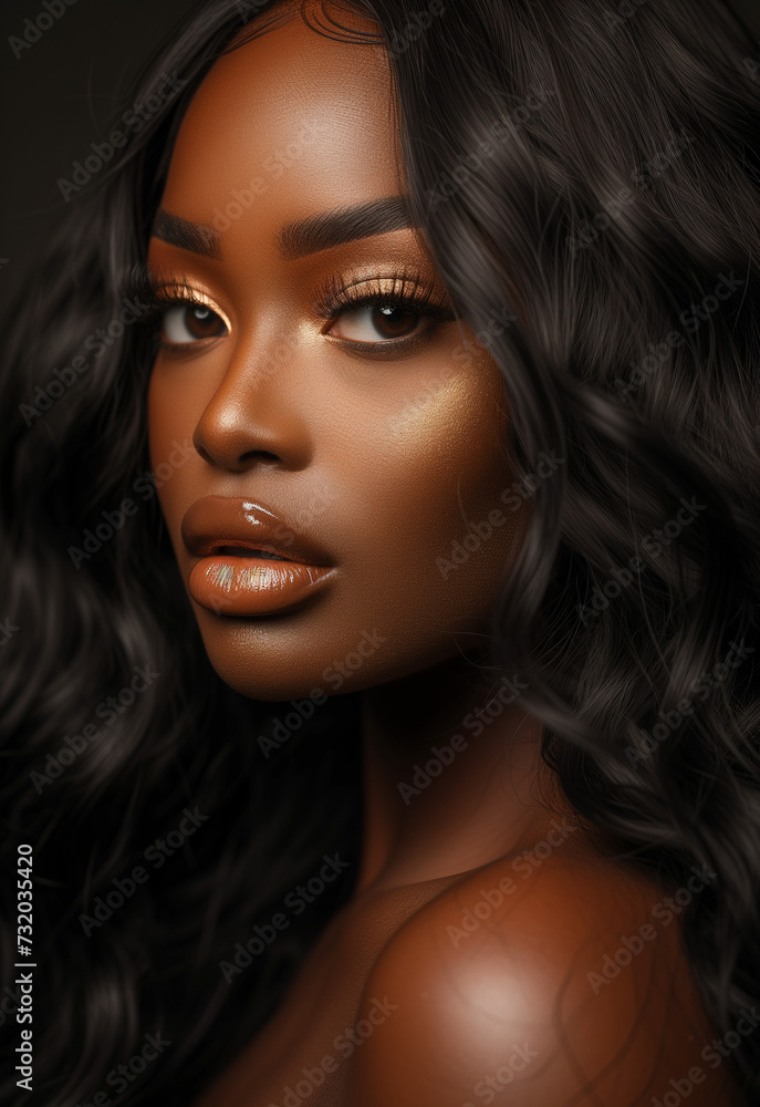 Sublime Chocolate Radiance: Portrait of a Stunning Woman with Lustrous Curls and Glossy Lips Sublime Chocolate Radiance: Portrait of a Stunning Woman with Lustrous Curls and Glossy Lips
