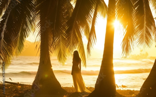 Woman on the tropical beach at sunset under the coconut trees