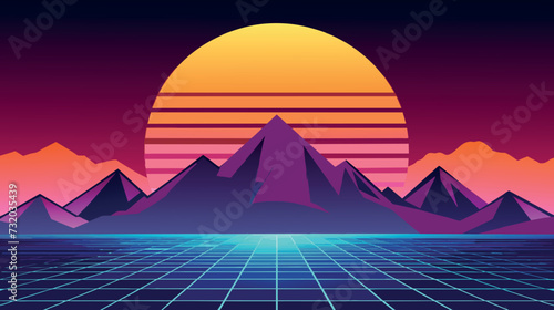 Retro Video Game Background With Mountains and Sunset