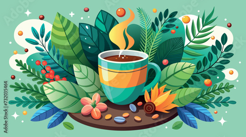 Coffee Cup With Leaves and Berries