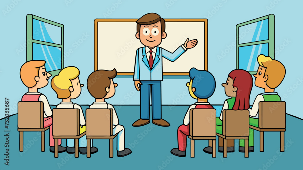 Cartoon teacher giving a lesson to students in a classroom setting Cartoon teacher giving a lesson to students in a classroom setting