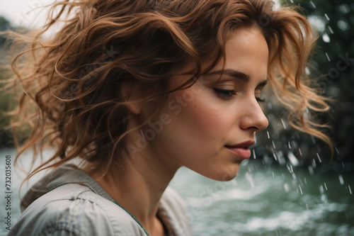 Nachdenklichkeit im Regen: Junge Frau verloren in Gedanken am Wasser