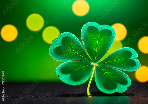 St Patricks Daz card close up of a shamrock leaf with festive green bokeh background. Generative AI