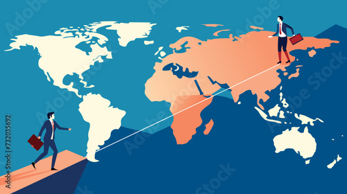 Businessman walking tightrope across global map concept