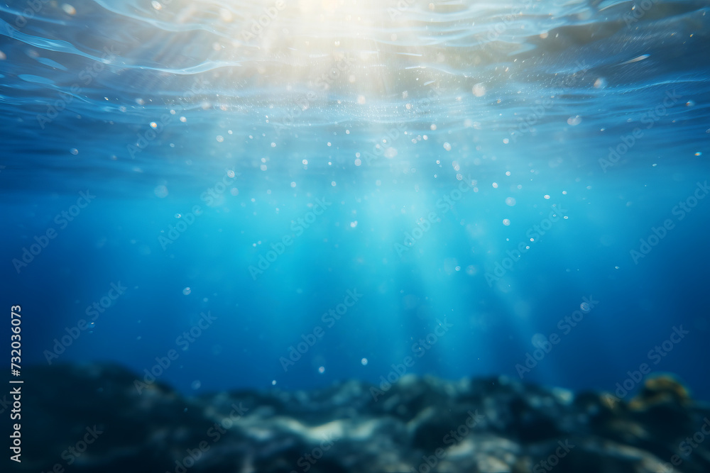 Underwater view of blue sea with sunbeams, underwater background Underwater view of blue sea with sunbeams, underwater background