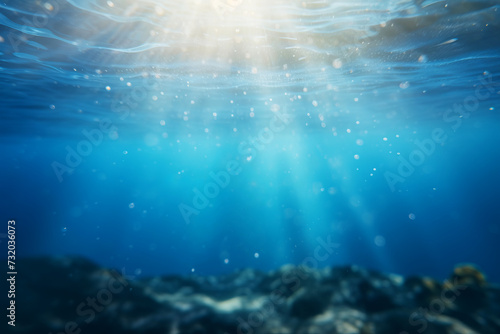 Underwater view of blue sea with sunbeams, underwater background