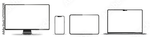 Device screen mockup. Smartphone, tablet, laptop and monoblock monitor, with blank screen for you design. Stock royalty free vector illustration. PNG