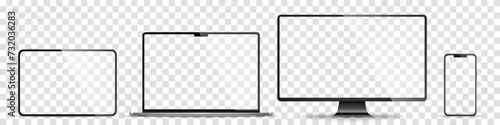 Device screen mockup. Smartphone, tablet, laptop and monoblock monitor, with blank screen for you design. Stock royalty free vector illustration. PNG