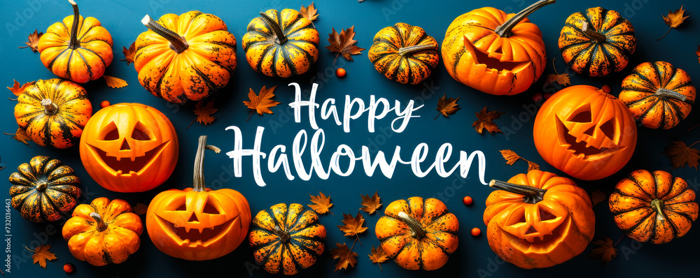 Festive Happy Halloween message with an array of vibrant orange pumpkins filling the frame, celebrating the spooky autumn season Festive Happy Halloween message with an array of vibrant orange pumpkins filling the frame, celebrating the spooky autumn season