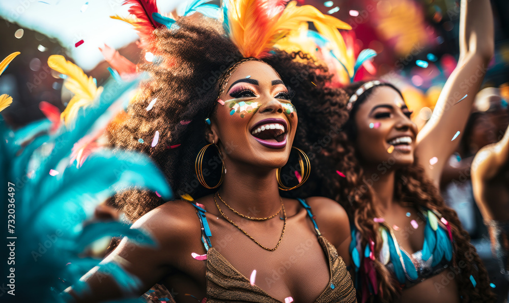Joyful women in vibrant carnival costumes with feathers celebrating with laughter and dance amidst a shower of confetti at a festive parade - obrazy, fototapety, plakaty 