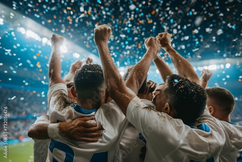 A football team celebrates scoring the decisive goal photo