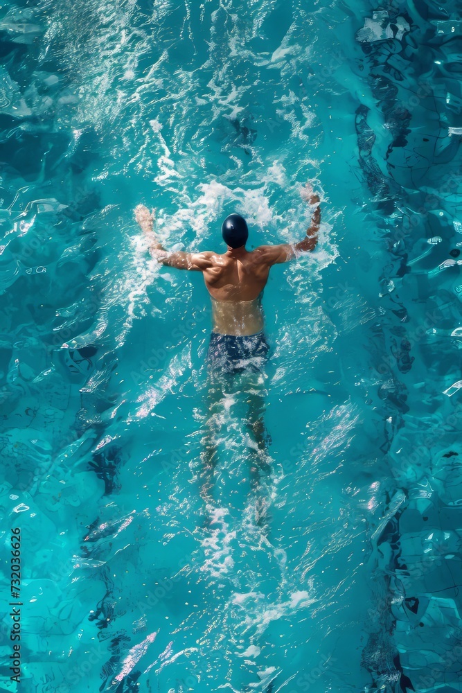An overhead shot of a male swimmer in a pool. He’s a professional athlete training for a championship, using the butterfly stroke