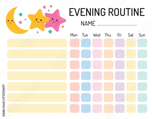 Evening checklist for kids. Evening routine tracker for children. Daily regime. My chore chart. My tasks and responsibilities. Daily routine tracker for children. Daily regime. photo