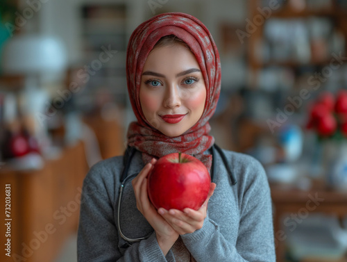 a photo of female doctor holding an apple
