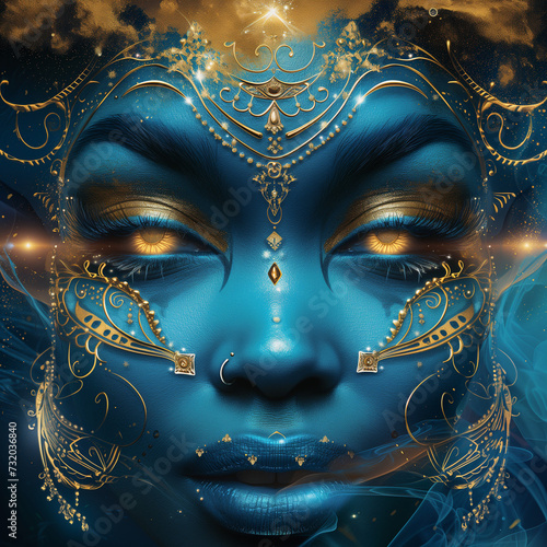 Blue Divinity: Enchanted Face Adorned with Ethereal Jewelry and Golden Accents