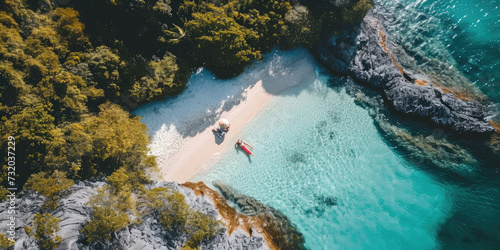 Paradise found; a lone figure basks in the tropical sun on a white sandy beach, with turquoise waters and and pine trees, creating an idyllic holiday escape.