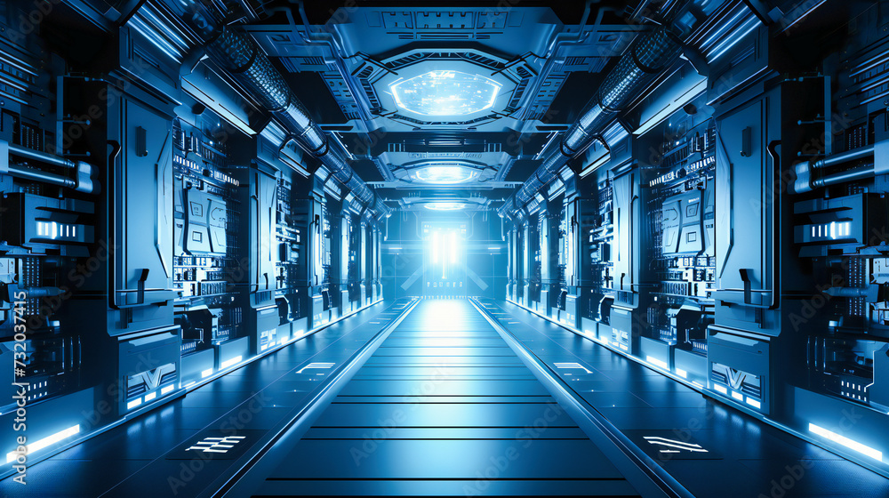 Futuristic Corridor in a Sci-Fi Setting, Advanced Technology with Neon Lighting Futuristic Corridor in a Sci-Fi Setting, Advanced Technology with Neon Lighting