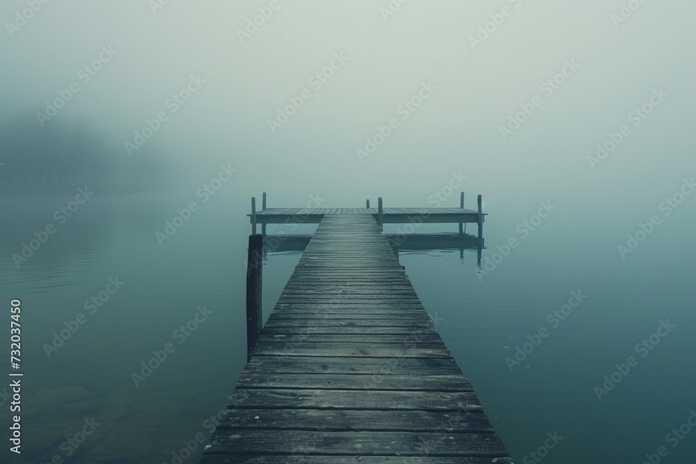 Pier overlooking morning lake fog - obrazy, fototapety, plakaty 