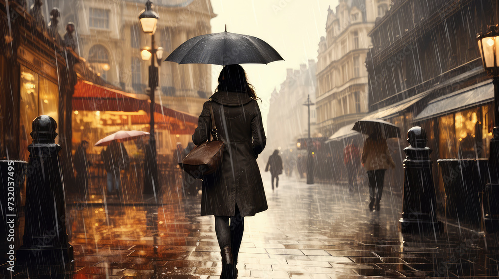 Obraz premium High street shopping, A lone individual navigates a rainy urban setting, the gleaming wet pavement reflecting the city’s lights, capturing a moment of quiet introspection