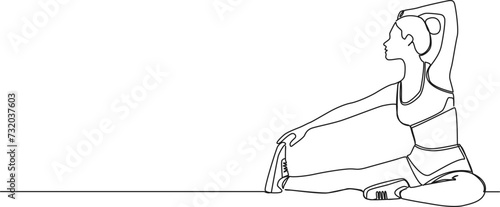 continuous single line drawing of fit woman stretching on floor, line art vector illustration