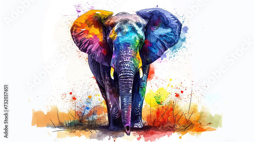 cute elephant covered with colorful paint colors,isolated on white background, holi, cards, posters