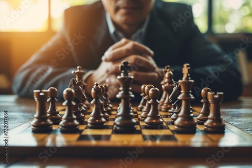 A businessman with hands clasped, strategizing with chess pieces on a table