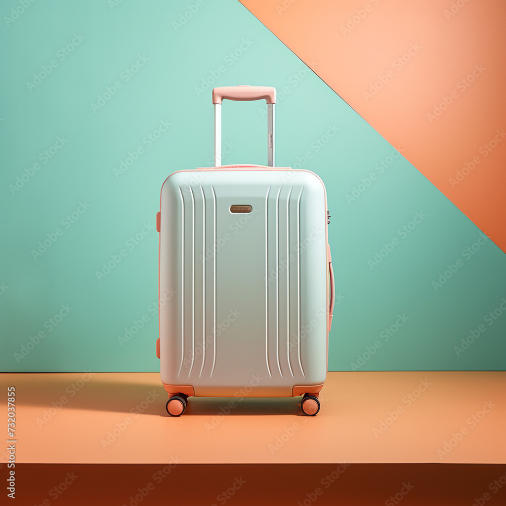Fotografía de producto de maleta sobre fondo liso en tonos pastel, viajes Fotografía de producto de maleta sobre fondo liso en tonos pastel, viajes