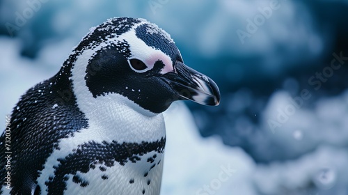 Close-Up of a Majestic Magellanic Penguin Amidst Icy Terrain, Showcasing Its Intricate Black and White Plumage Patterns photo