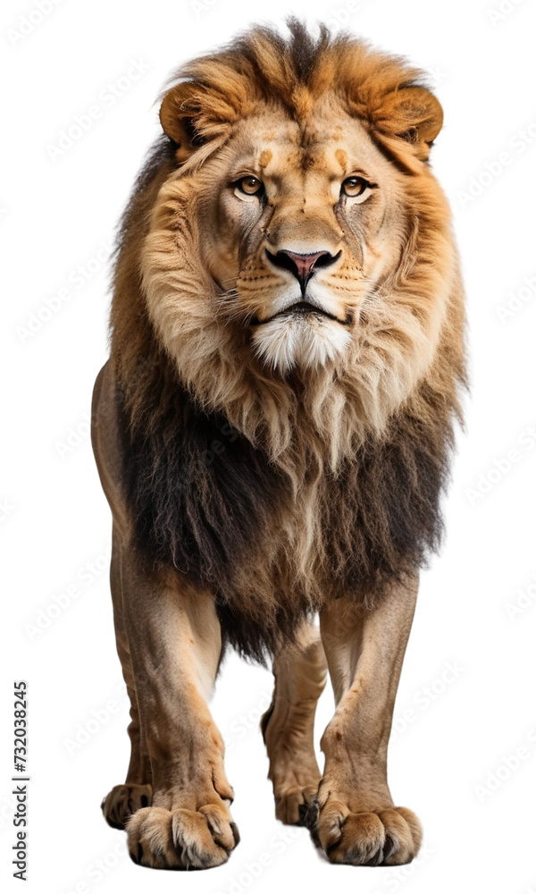 A majestic lion standing with a calm demeanor against a solid white and transparent background. generative AI