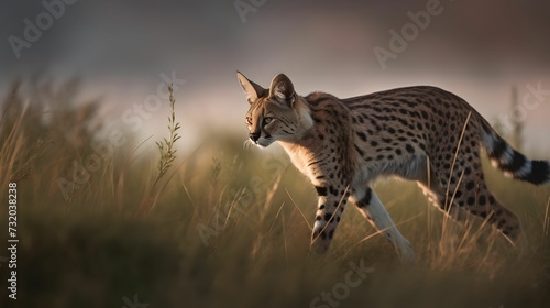 AI generated illustration of a serval in the middle of a large grassy field photo