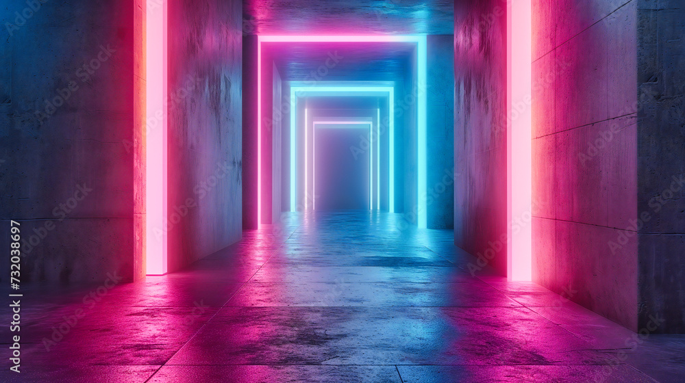 Futuristic Neon Light Corridor, A Journey Through a Modern and Abstract Space with Bright Illumination