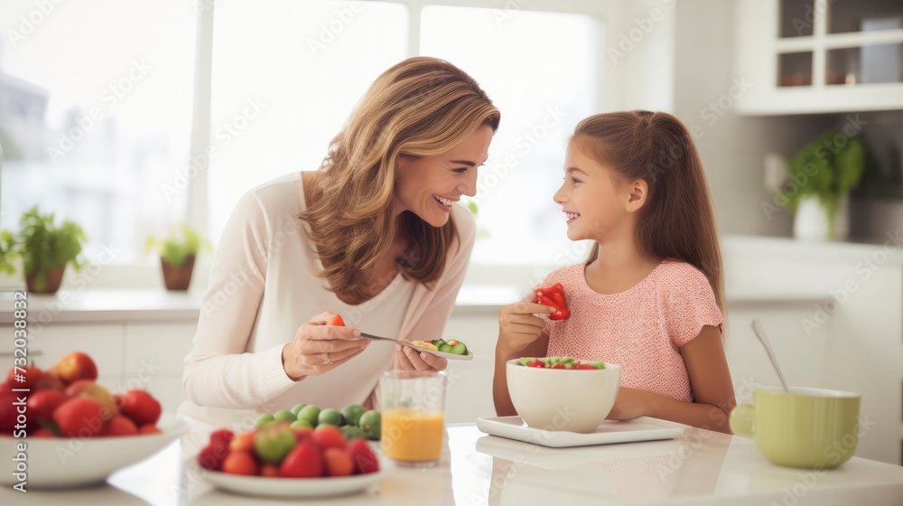 Two women enjoying a healthy meal, surrounded by an array of fresh vegetables in a sunlit kitchen Two women enjoying a healthy meal, surrounded by an array of fresh vegetables in a sunlit kitchen