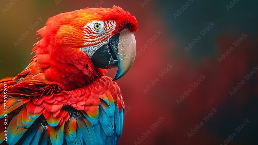 Vibrant Scarlet Macaw Parrot, Close-Up Portrait with Vivid Red, Blue, and Yellow Feathers Against a Blurred Background