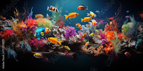 Vibrant underwater scene teeming with various fish species with space for copy, portraying an authentic underwater environment © ammad